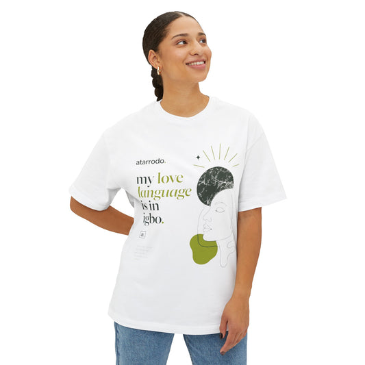 My love language is in African languages Tee | Abstract face art, green moon accents