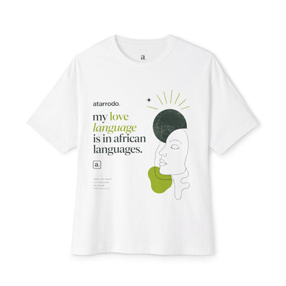 My love language is in African languages Tee | Abstract face art, green moon accents