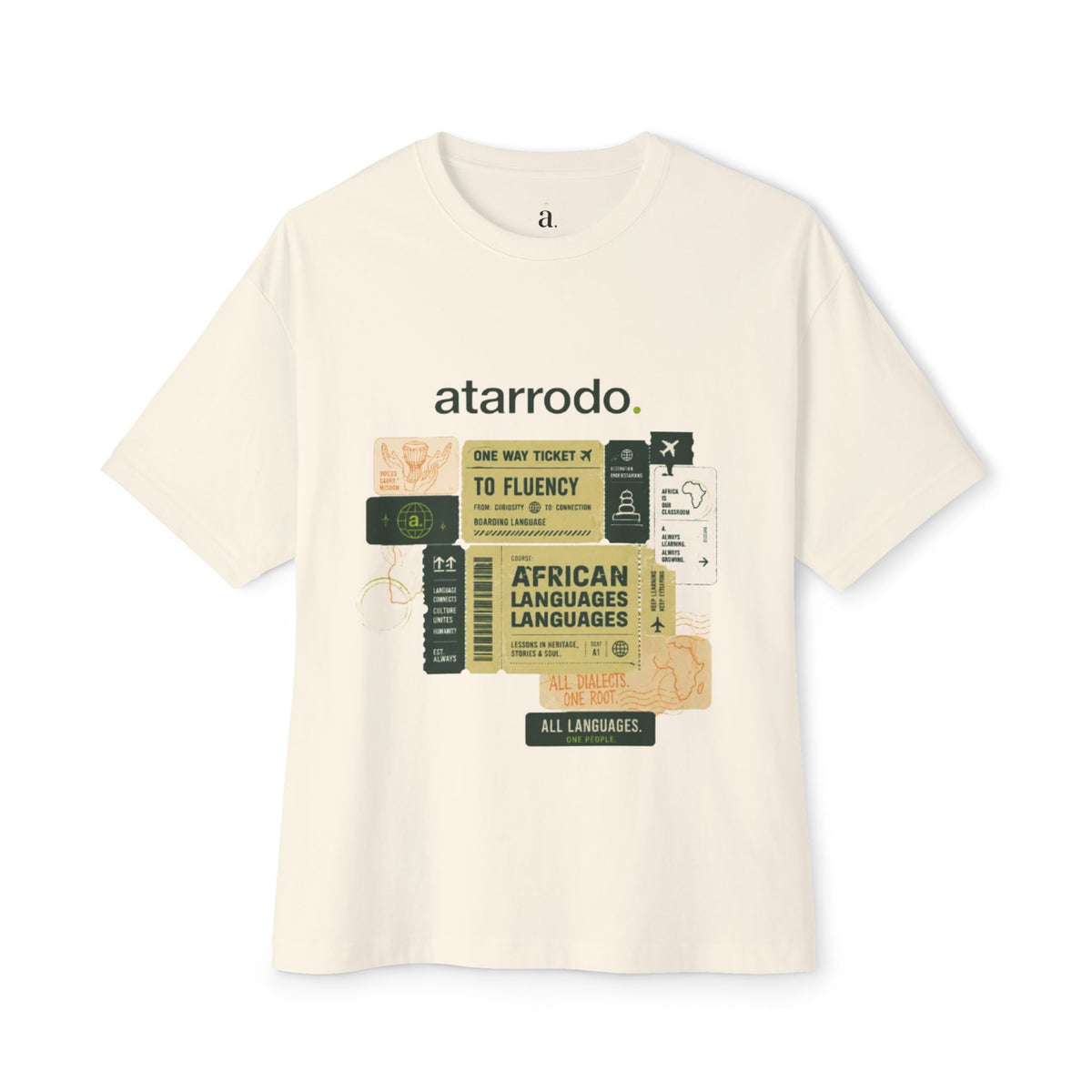 Fluency Atarrodo Tee | Abstract face art, green moon accents