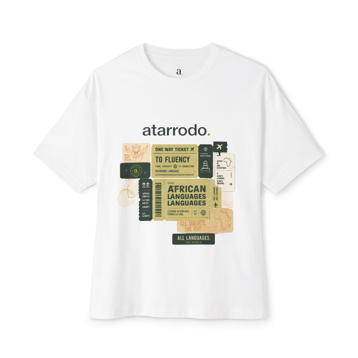 Fluency Atarrodo Tee | Abstract face art, green moon accents