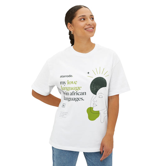 My love language is in African languages Tee | Abstract face art, green moon accents