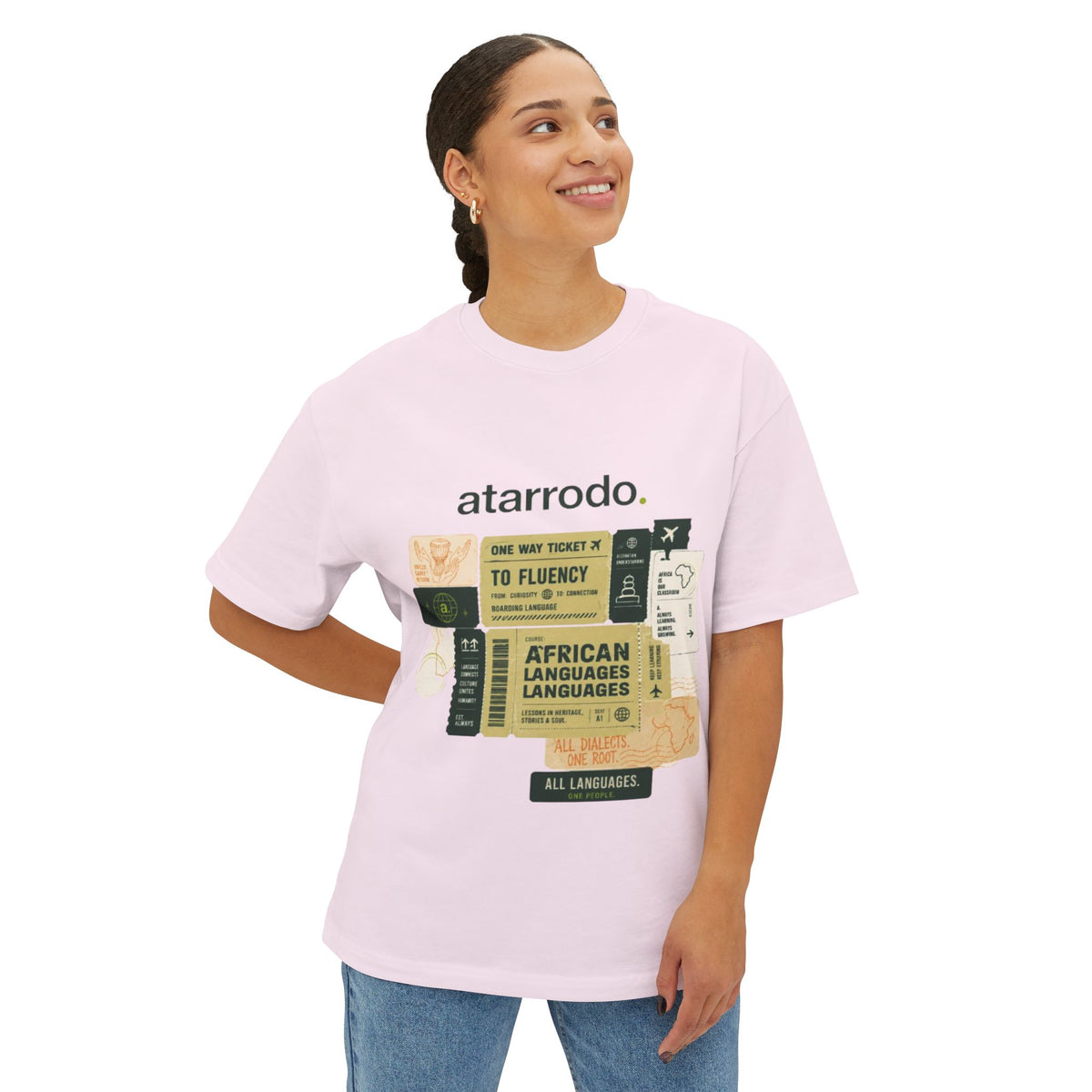 Fluency Atarrodo Tee | Abstract face art, green moon accents