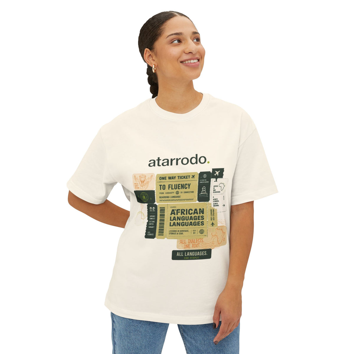 Fluency Atarrodo Tee | Abstract face art, green moon accents