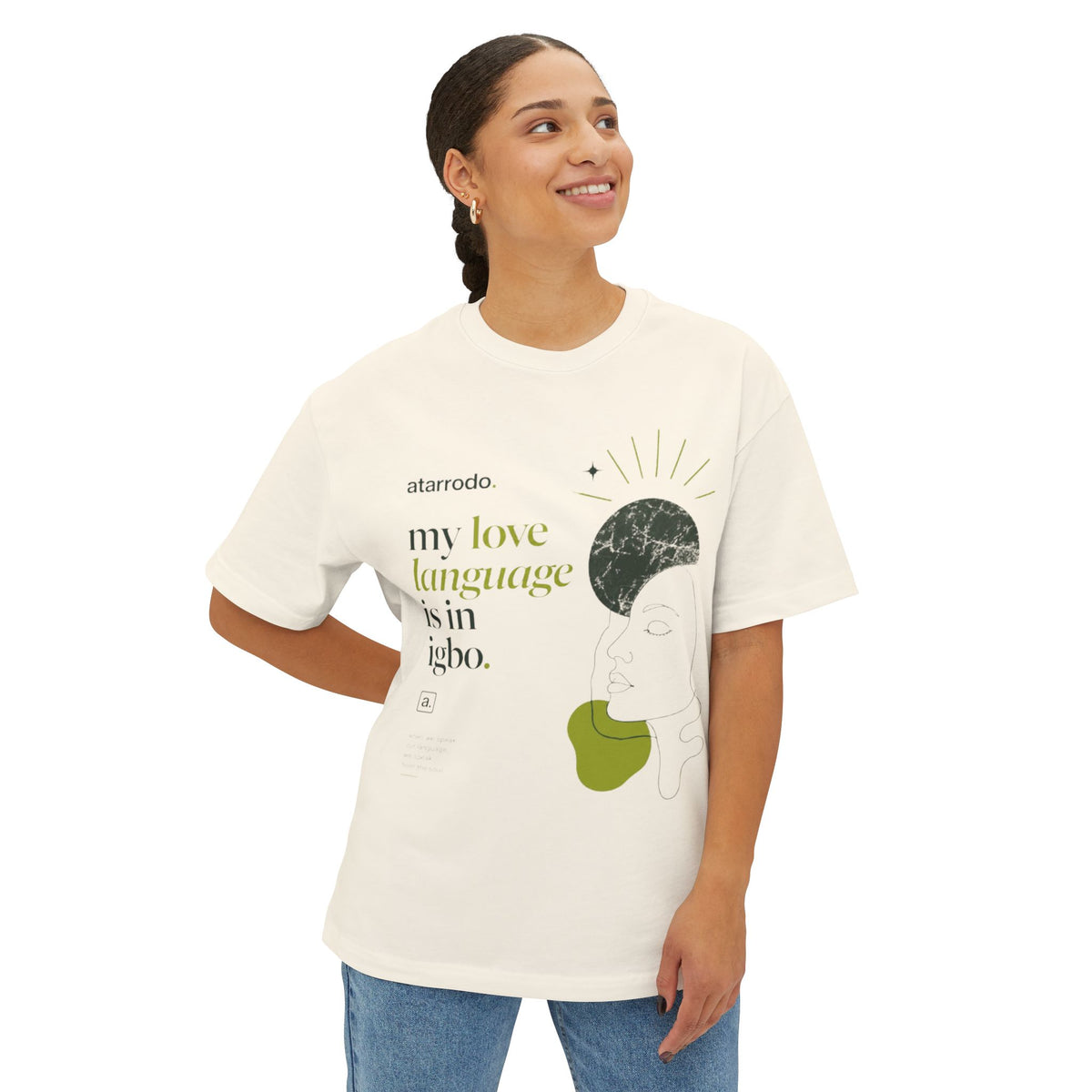 My love language is in African languages Tee | Abstract face art, green moon accents
