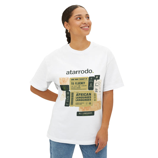 Fluency Atarrodo Tee | Abstract face art, green moon accents